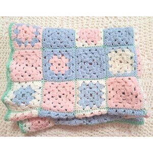 Handmade Vintage Crochet Baby Blanket Multicolor 54" X 36"
